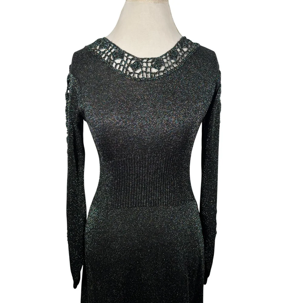 Vintage Black Metallic Shimmer Maxi Bodycon Dress Stretch Crochet Size S/M - Picture 3 of 14